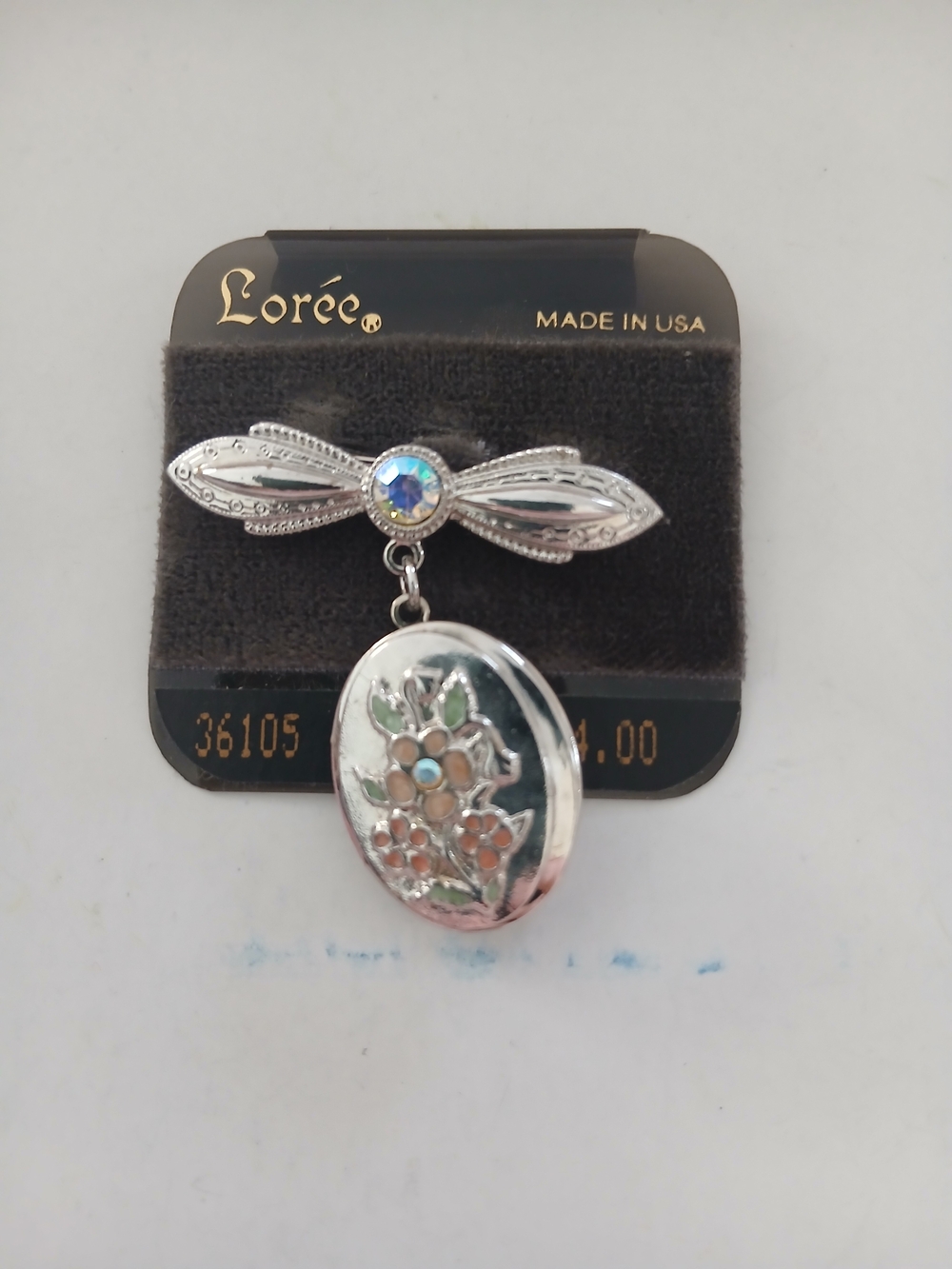 Silver-Tone Bow Brooch with Floral Locket Charm - Silver